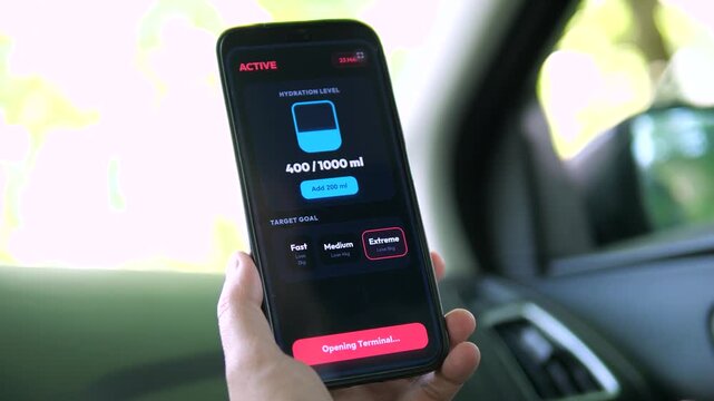 User selecting the Extreme goal on a fitness hydration app. The target promises an 8kg weight loss. Ideal for intense fitness regimes, ambitious goal-setting, and motivational health tech stock
