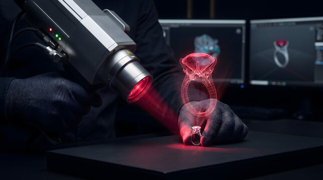 Gloved hand scanning 3d ring model with laser scanner