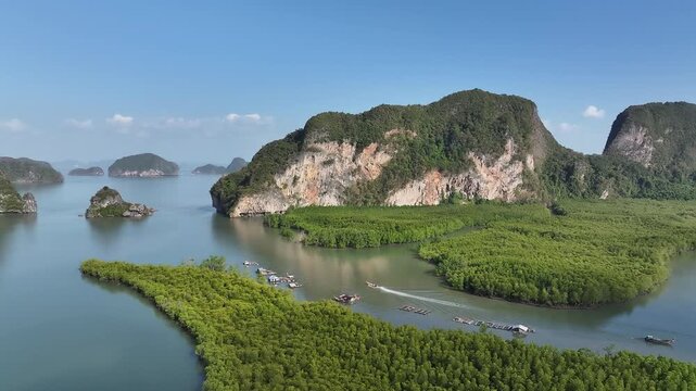 Aerial view of limestone cliffs and mangrove forest in phang nga bay, Thailand 