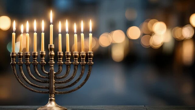 Hanukkah Menorah with Nine Lit Candles on Table against Blurred Festive Background for Jewish Holiday Celebration and Religious Ritual Tradition
