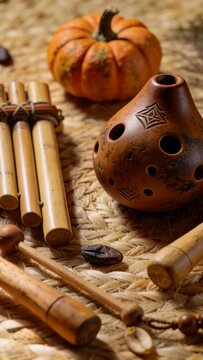 Vertical video: Camera pushing revealing carved ocarina on mat, showing holes, pumpkin, copy space
