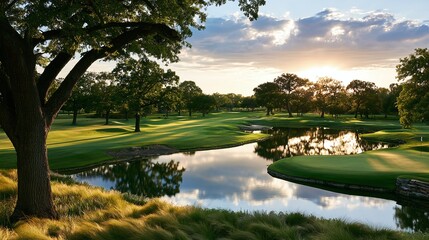 Fototapeta premium Serene Sunset Over Lush Green Landscape with Reflective Water, Majestic Trees, and Rolling Terrain Under a Dynamic Sky, Evoking Tranquility and Natural Beauty