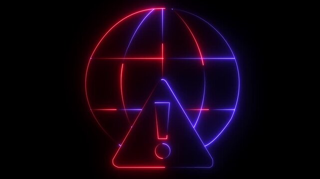 glowing neon global warning sign and world globe icon with exclamation mark on black background. Represents global alerts, internet security risks, worldwide emergencies, and system error notification