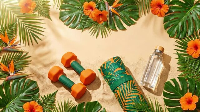 Tropical beach fitness setup on sand. Orange dumbbells, rolled green mat with leaf pattern and bamboo water bottle surrounded by hibiscus flowers, monstera leaves and palm fronds. Summer workout