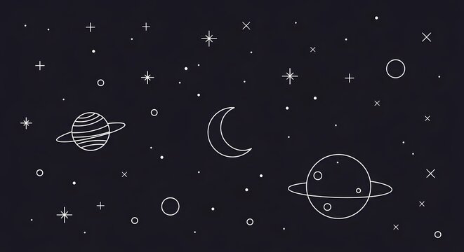 Pattern of planets and stars in a simple white line art cosmic style with astronomy universe crescent illustration astrology celestial background