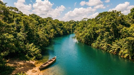 Obraz premium Tropical river winding through lush green rainforest landscape.