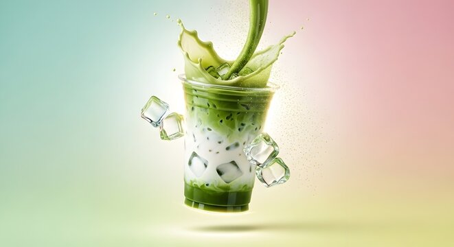 Iced matcha green tea latte with milk splash in glass beverage refreshing caffeine japanese traditional wellness nutrition