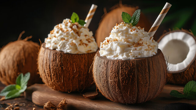 Coconut dessert with cream and mint