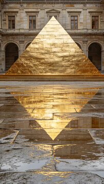 Vertical video: Reflecting gold pyramid centered in stone courtyard after rain, puddles shimmering