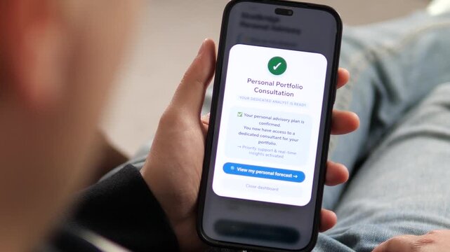 User confirms a personal investment advisory plan on a mobile app. High-quality UI showing portfolio consultation success and market forecast access. Perfect for fintech, digital banking, and wealth