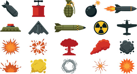 Military Weapon and Explosion Vector Icon Set with Bombs, Missiles, Grenade, Fighter Jets, and Blast Smoke Symbols for Gaming Graphic Designs © Siddika