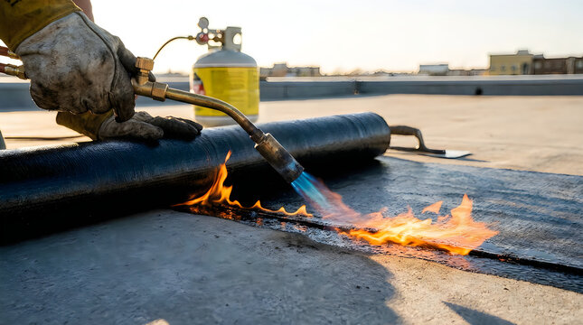 Industrial construction worker using propane torch flame to melt bitumen waterproofing membrane on flat building roof surface ensuring durable leak proof sealing protection application.