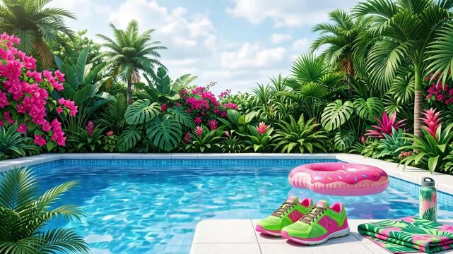 Tropical poolside scene with pink donut float in blue water, green sneakers, patterned towel and bottle on white deck. Lush palm and flower garden surround infinity pool. Summer vacation and paradise