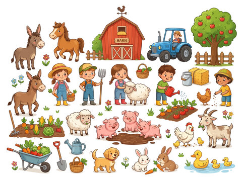 Countryside scenes feature various animals and children working together on a productive farm.