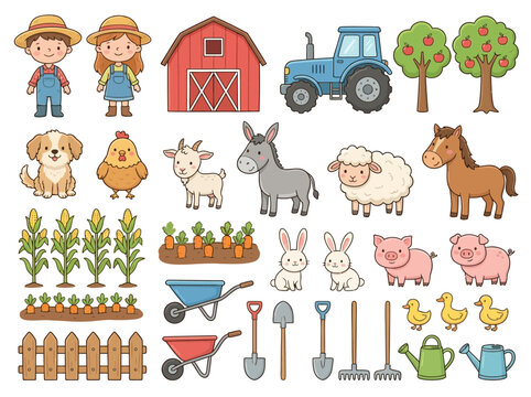 Farming tools and animals appear in this vibrant graphic set for agricultural design projects.