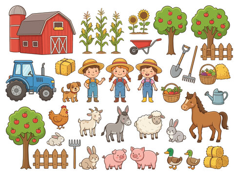 Farm animals and equipment icons decorate this collection of cute hand-drawn agricultural elements.