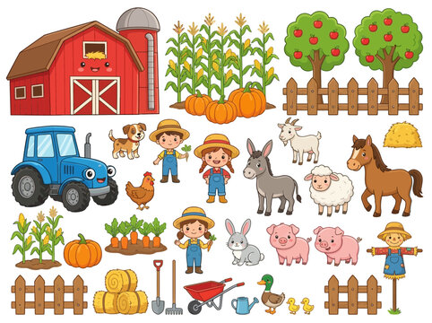 Farm life scene features cute animals and agricultural equipment surrounding happy young farmers.