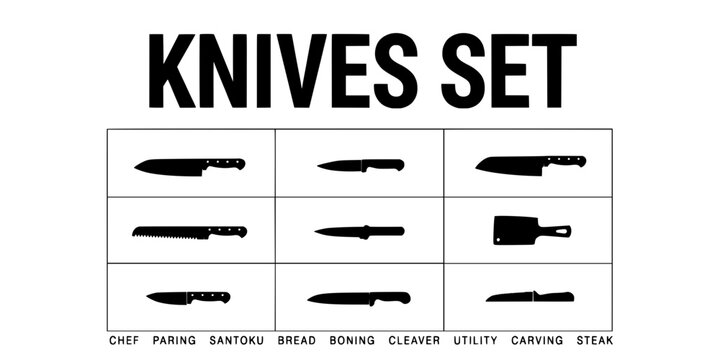 Knives Set with Nine Different Types of Kitchen Knives Arranged in a Grid Pattern Featuring Knife, Chef, Paring with Santoku