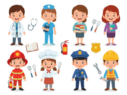 Characters in diverse uniforms display their professional equipment to illustrate different job roles.