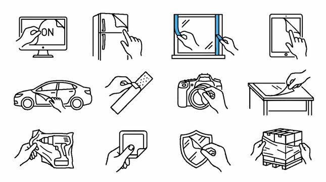 Protective Film Application and Removal Icons Set for Electronic Devices and Surfaces.