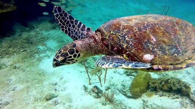 Majestic Hawksbill Sea Turtle Gliding Through Tropical Ocean Reef