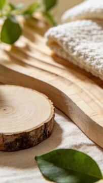 Vertical video: Camera adjusting focus, revealing wood slice on tabletop with board, towel, leaves