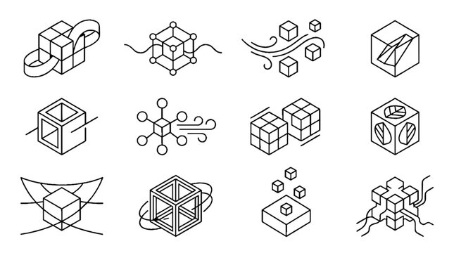 Set of isometric cube icons representing blockchain technology and data network structures.
