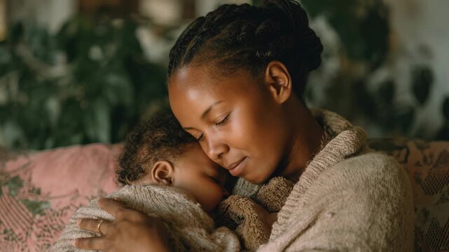 Loving African American mother holding her newborn baby in a cozy home setting, gentle embrace of a parent and child in a warm domestic interior