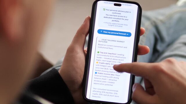 Man confirms a personal investment advisory plan on a smartphone. Browsing tailored market outlook with stock and crypto tips. Modern fintech app interface. Perfect for finance, trading, and wealth