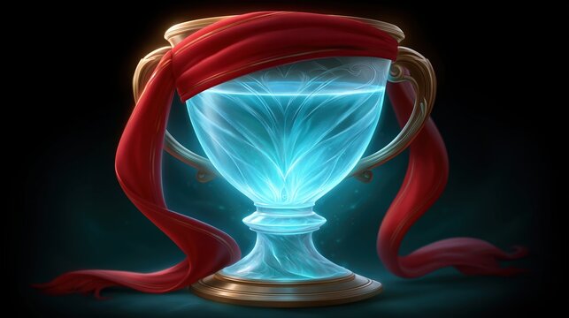 Mystical glowing chalice filled with luminous blue liquid and draped with a red silk ribbon