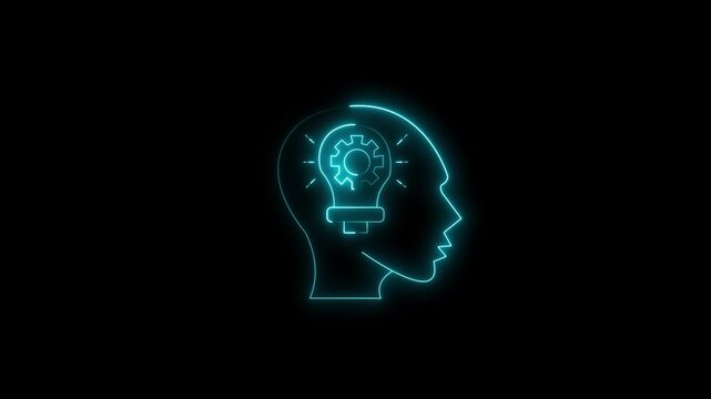 Neon glowing light bulb with gear inside head silhouette, concept of innovation, creativity, artificial intelligence, brainstorming, technical thinking and engineering.