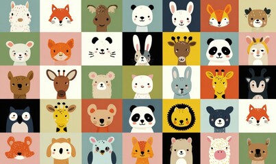 Fototapeta premium Colorful grid of cute animal portraits