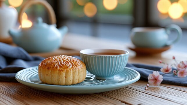 Traditional Mooncake and Tea Set on Wooden Table with Soft Bokeh Lights