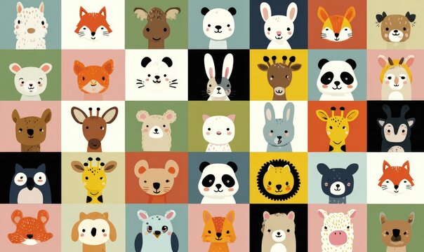 Colorful grid of cute animal portraits