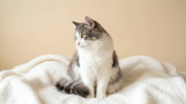Fluffy gray and white cat sitting on knitted blanket.