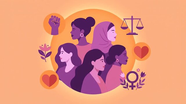 Diverse group of women with equality symbols in flat vector illustration style