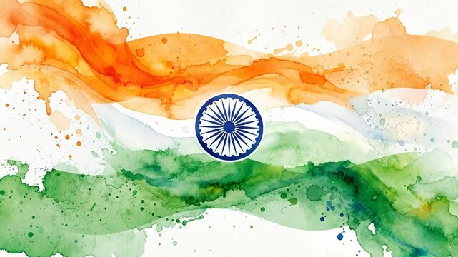 Watercolor Indian flag with Ashoka Chakra and abstract flowing paint splashes