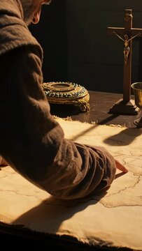 Vertical video: Tracing monk in brown robe studying map laid out, charting route, crucifix, chalice
