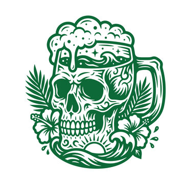 A green line of a beer mug shaped like a skull, overflowing with foam, decorated with palm leaves, hibiscus flowers, and ocean waves, isolated on a white background