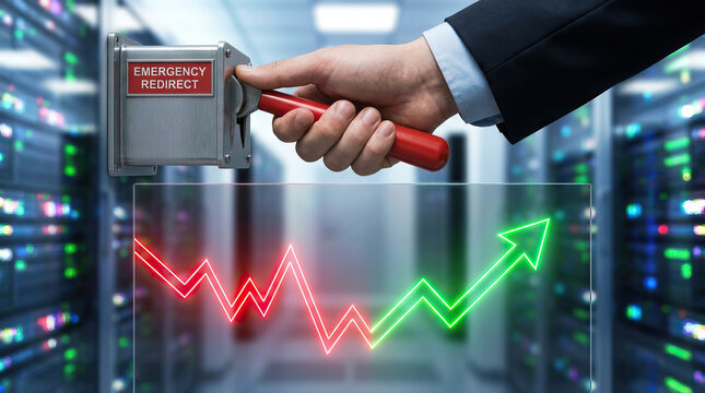 Emergency redirect lever in hand with red and green financial graph arrow showing recovery in data center symbolizing geopolitical energy crisis solutions and market turnaround