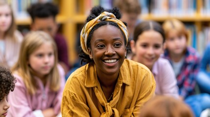 Fototapeta premium Joyful African American woman with headwrap smiles brightly while engaging with children during an educational or storytelling session in a vibrant diverse group setting