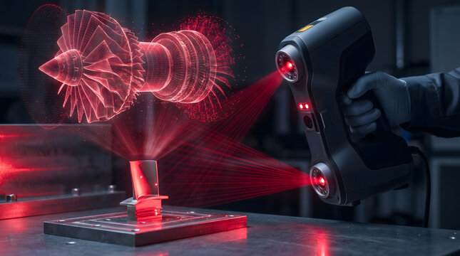 Engineer uses 3d laser scanner on turbine model