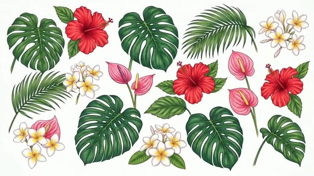 Tropical flowers and monstera leaves set isolated on white background