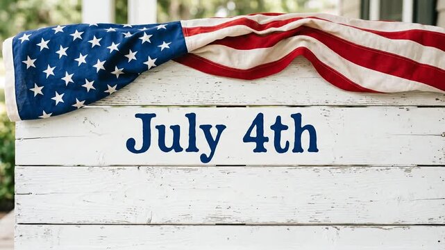 American flag draped over white rustic wooden fence with copy space