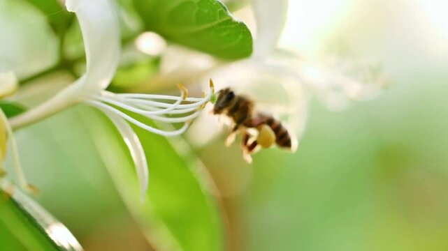 Honeybee gathering pollen from white honeysuckle flower in garden