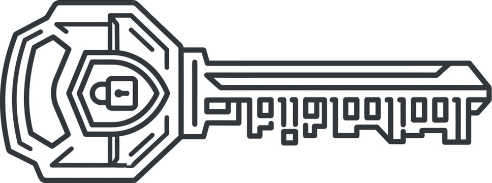 Minimalist black and white vector graphic illustration of a digital security key featuring a shield icon and binary code pattern representing modern cyber data protection technology