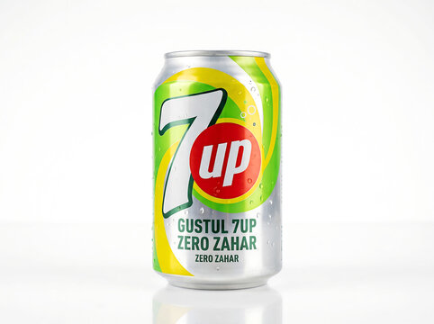7 up zero sugar can with condensation product shot on white background