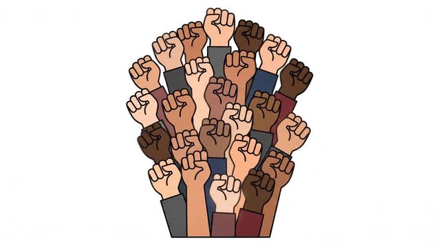 Diverse raised fists in protest illustration on white background