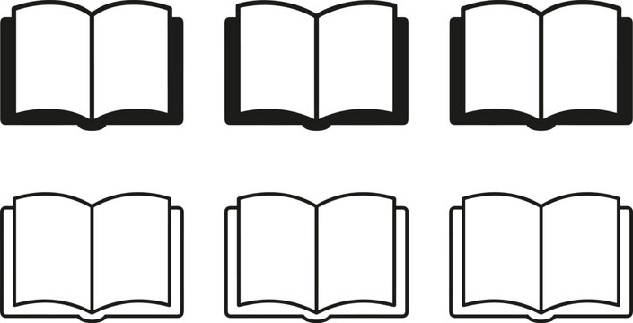 Set of six open book icons in solid and outline styles, representing reading, education, and knowledge for graphic design use