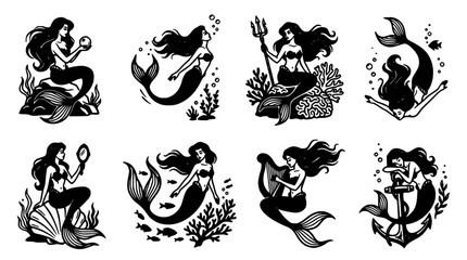 Obraz premium Mermaid Tattoo Icons Set with Ocean Waves Seaweed and Shells, Monochrome Fantasy Illustration for Nautical Designs